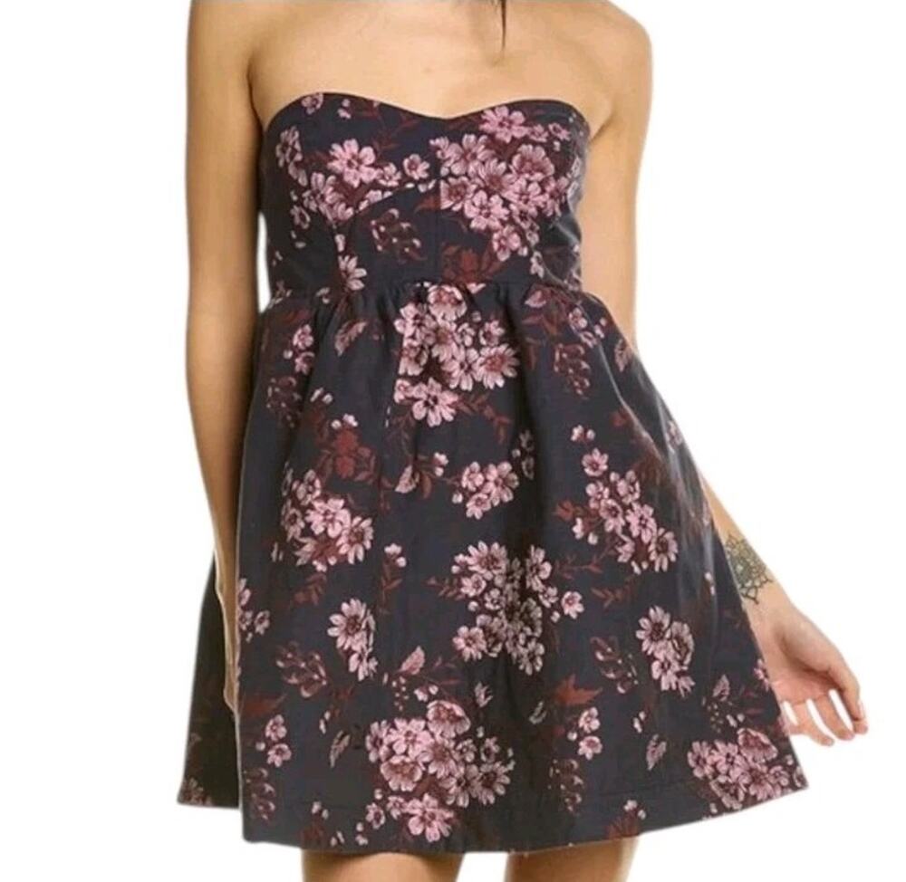 Free People Matilda Strapless Floral Jacquard Babydoll Mini Dress Tie Back Small
